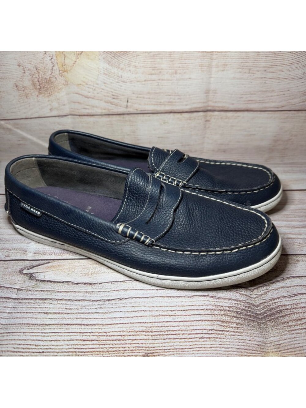 Mens Cole Haan Nantucket Penny Loafers Navy Blue Leather Moc Toe Size 11 M